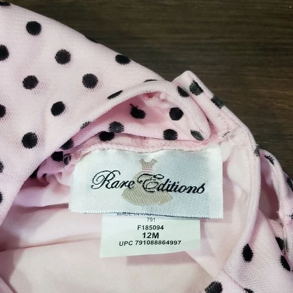 Rare Editions Baby Girl Pink Black Polka Dot Bow Dress 12M Easter Spring Formal - Picture 2 of 8